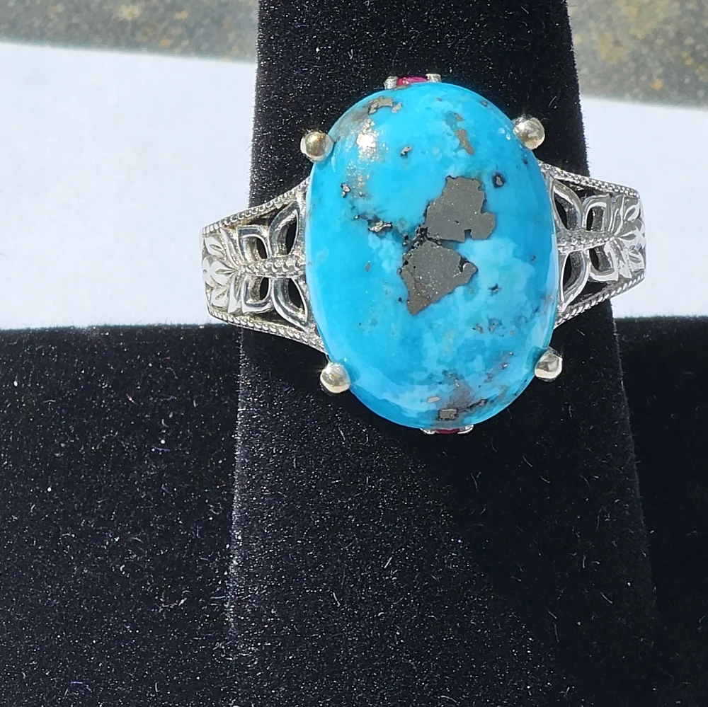 Genuine Turquoise w/Pyrite & Ruby Platinum/925 🦋 Size 9! - Picture 7 of 8